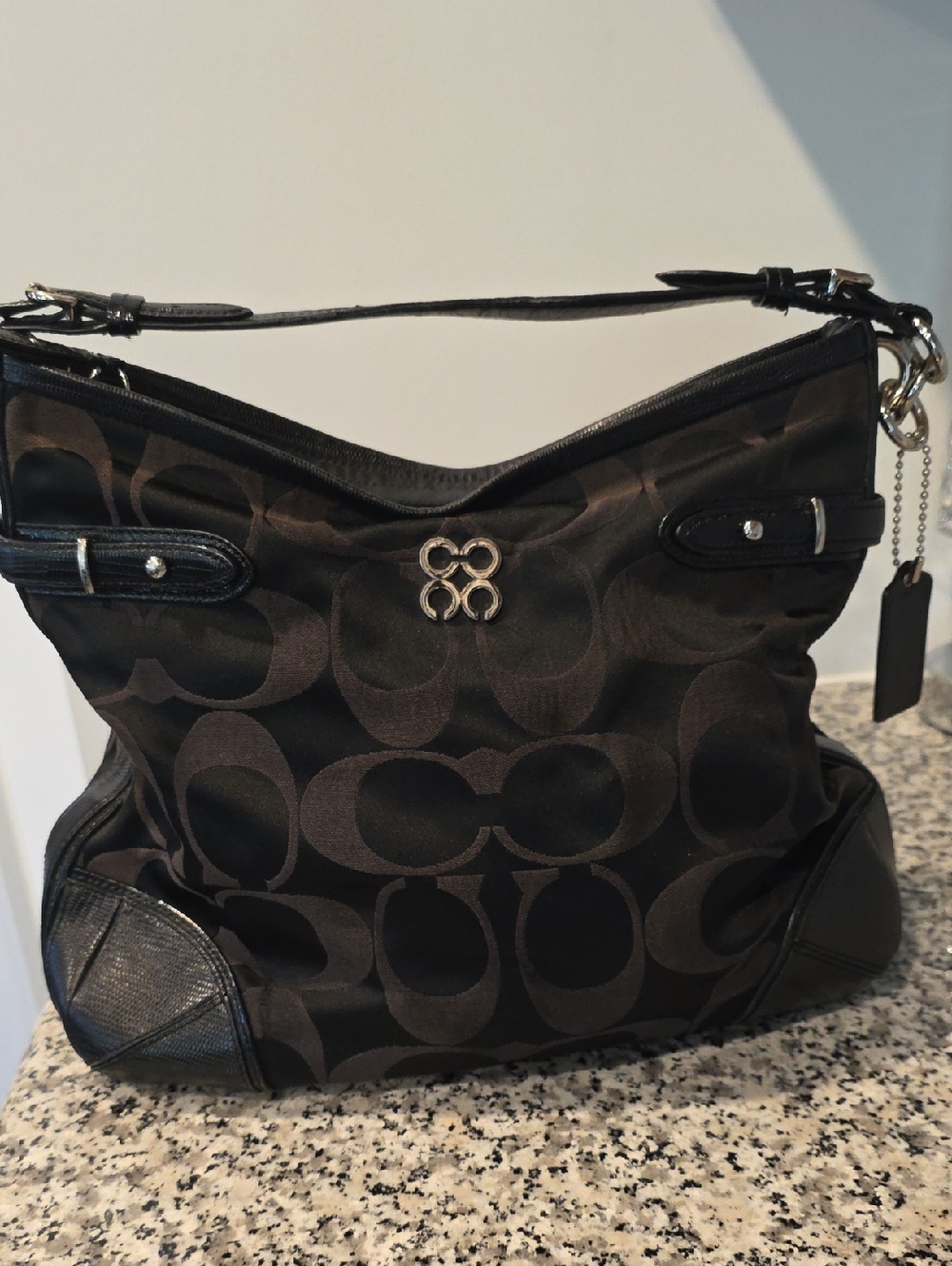 Coach Black Signature Canvas Shoulder Bag with Silver Hardware